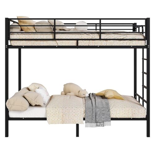 VINGLI Twin Over Twin Metal Bunk Bed Frame with 15-in Extra High Guardrail/Stairs and Flat Rungs/No Box Spring Needed/Black