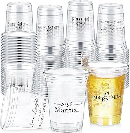 Jingmore 200 Pcs Wedding Plastic Cup 12 oz Wedding Disposable Cups for Reception Thick Clear Cup Happily Ever After Mr and Mrs Just Married Cups for Bridal Shower Decorations (White Floral)