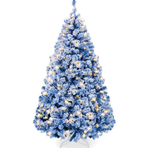 Pre-Lit Blue Flocked Artificial Pine Christmas Tree w/ White Lights 4.5ft