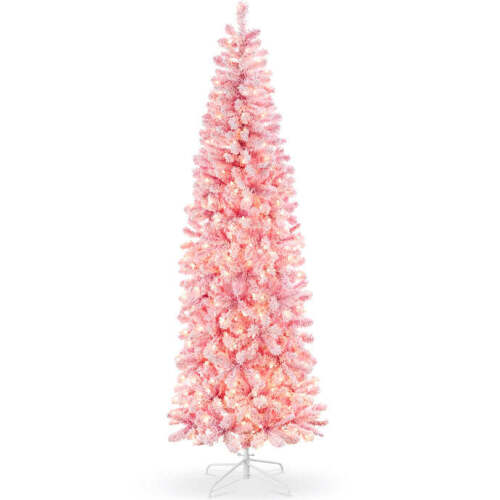 Pre-Lit Snow Flocked Pink Artificial Pencil Christmas Tree 6ft