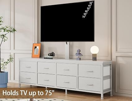 Dresser TV Stand with Mount, Entertainment Center with 8 Drawers | Long Fabric Dressers Media Console Table for Living Room Bedroom (White, 63 Inch)