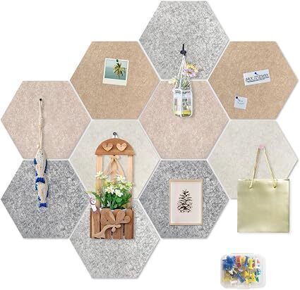 10 Pack 12'' Hexagon Cork Boards for Office Wall: Large Felt Bulletin Decor Display for Classroom, Decorative Panels with 30 Push Pins for Photos & DIY