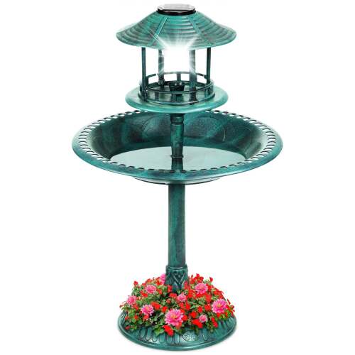 Solar Lighted Outdoor Pedestal Bird Bath w/ Planter, Decorative Bird Cage
