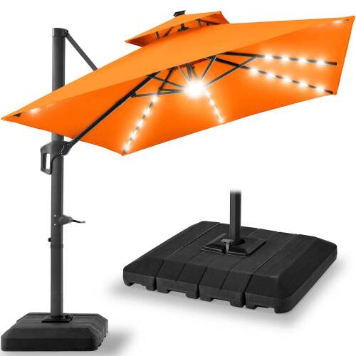 2-Tier Square LED Cantilever Offset Umbrella w/ 360 Rotation, Base - 10x10ft