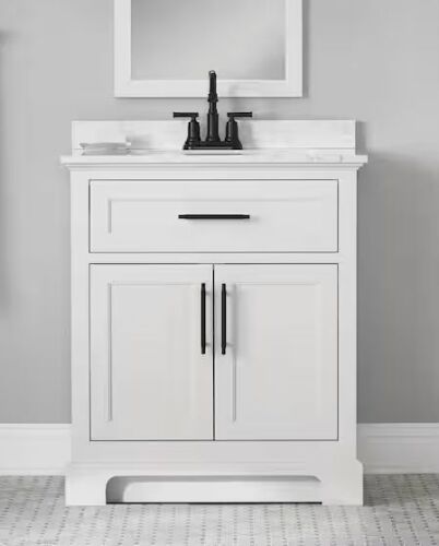 Home Decorators Collection Doveton 30 in. Single Sink Freestanding White Bath Vanity with White Engineered Marble Top