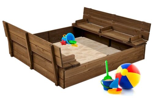 Kids Cedar Sandbox w/ Sand Screen, 2 Benches - 47x47in
