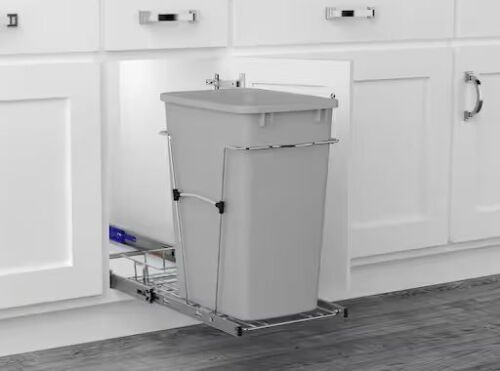 Rev-A-Shelf Chrome Steel Single 35 qt. Gray Waste Pullout with Detachable Storage Basket and Soft-Close
