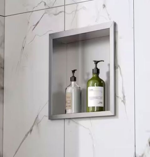 14 in. W x 12 in. H x 4 in. D Waterproof Recessed Shower Niche Storage Shelf in Brushed Nickel, No Tile Needed