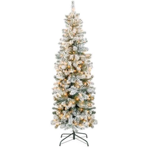 9' Pre-Lit Snow Flocked Artificial Pencil Christmas Tree