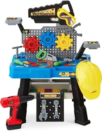 Pretend Play Kid's Workbench, 150 Accessories, Electric Drill, Storage Shelf, Hard Hat, Goggles, Play Tool Set