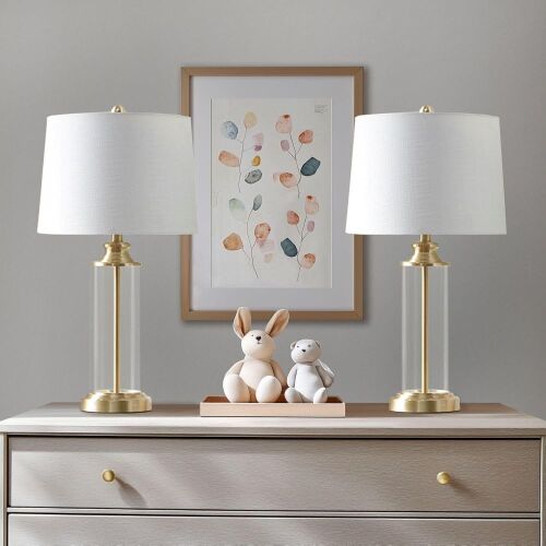 Clear Glass Cylinder Body with Gold Accents Table Lamp, 2 Pack - Bent Shade