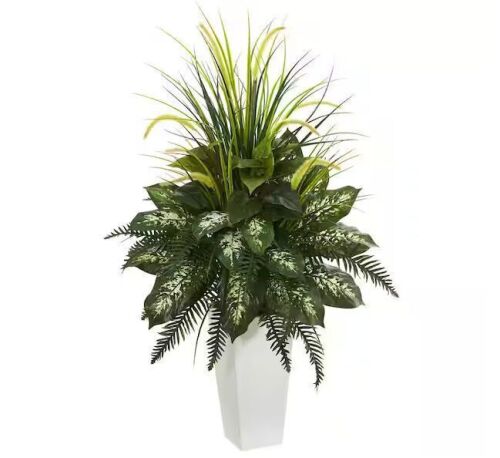 Nearly Natural Mixed River Fern and Dogtail Artificial Plant in White Tower Planter