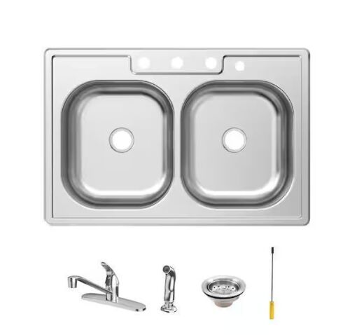 Glacier Bay 33 in. Drop-In 50/50 Double Bowl 20 Gauge Stainless Steel Kitchen Sink with Faucet