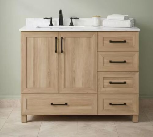 Glacier Bay Tobana 42 in. Single Sink Freestanding Weathered Tan Bath Vanity with White Engineered Marble Top