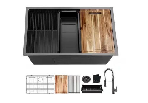 Glacier Bay 32 in. Undermount Single Bowl 18 Gauge Gunmetal Black Stainless Steel Workstation Kitchen Sink with Spring Faucet