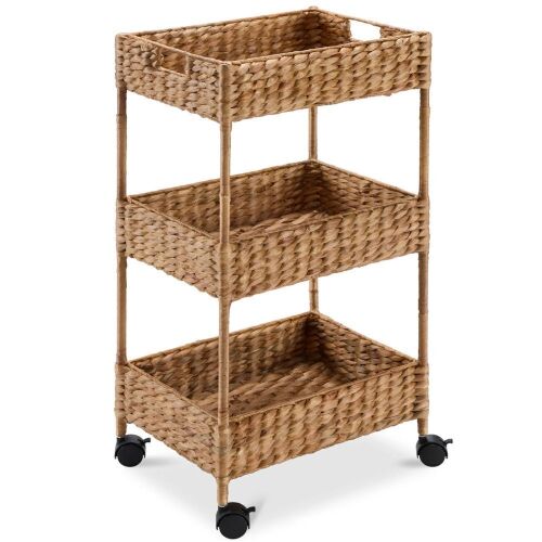 3-Tier Water Hyacinth Rolling Utility Cart w/ Weaved Baskets