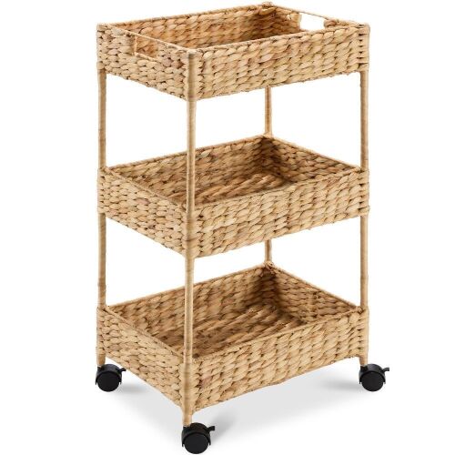 3-Tier Water Hyacinth Rolling Utility Cart w/ Weaved Baskets