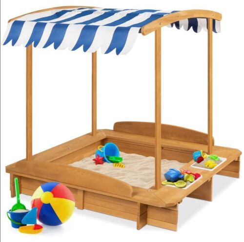 Kids Wooden Cabana Sandbox w/ Benches, Canopy Shade, Sand Cover