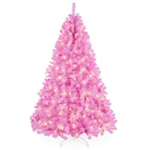 4.5' Pre-Lit Pink Christmas Tree w/ Twinkling LEDs Artificial Pine Holiday Decor