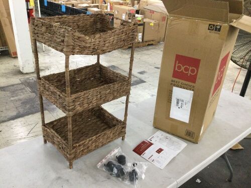 3-Tier Water Hyacinth Rolling Utility Cart w/ Weaved Baskets