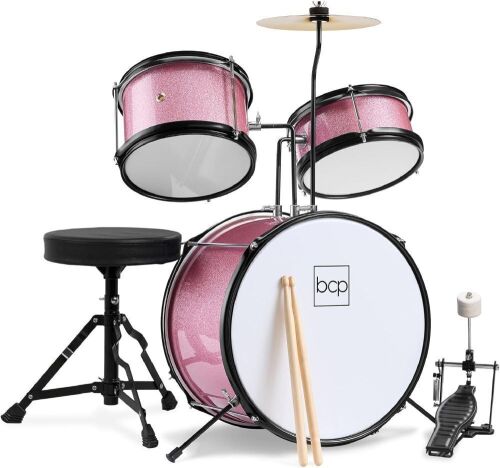 Kids Beginner 3-Piece Drum, Musical Instrument Set w/ Sticks, Stool, Pedal