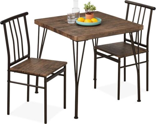3-Piece Metal Wood Square Dining Table Furniture Set w/ 2 Chairs