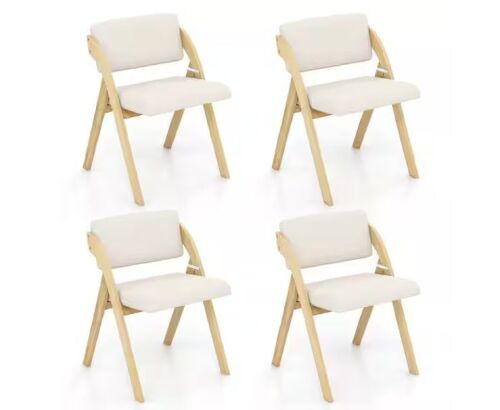 Beige Portable Wooden Folding Chairs with Backrest, Set of 4