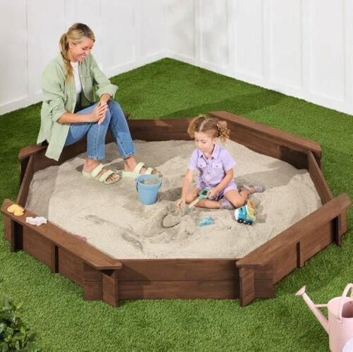 Kid's Wooden Octagonal Sandbox w/ Sand Cover, 4 Reinforced Benches, 8 Seats