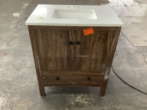 Glacier Bay Rory 30 in. Single Sink Freestanding Bathroom Vanity in Walnut with White Engineered Marble Top