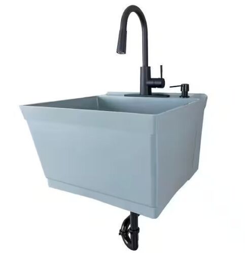 23.5 in. x 22.88 in. Grey Thermoplastic Wall Mounted Utility Sink with Matte Black Finish Pull-down Sprayer Faucet