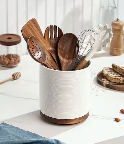 White Ceramic Utensil Holder with 360° Rotating Wooden Base