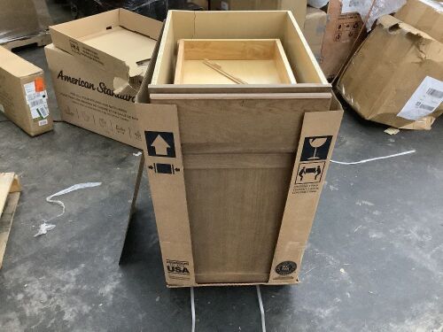 Hampton Bay Sinclair 18 in. W x 24 in. D x 34.5 in. H Assembled Double Trash Can Base Kitchen Cabinet in Shaker Saddle Oak
