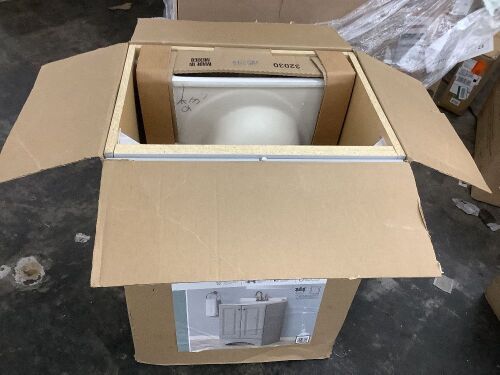 Glacier Bay 25 in. Single Sink Pearl Gray Freestanding Bath Vanity with White Cultured Marble Top - Damaged to Bottom Corner