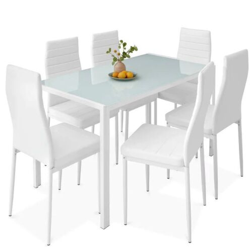 7-Piece Dining Table Set w/ Glass Top PU Leather Chairs