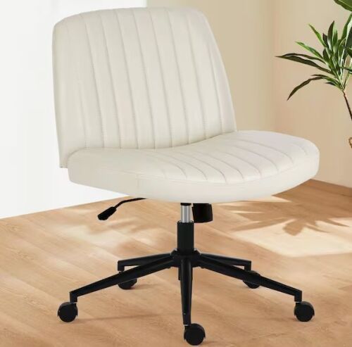 Luxurious Faux Leather Wide Seat 360° Swivel Adjustable Height Ergonomic Desk Chair in Beige with Wheels