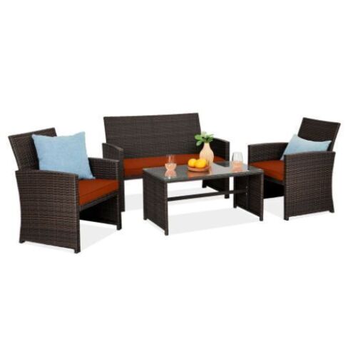 4-Piece Outdoor Wicker Conversation Patio Set w/ 4 Seats, Glass Table Top