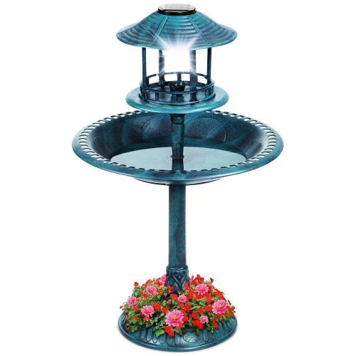 Solar Lighted Outdoor Pedestal Bird Bath w/ Planter, Decorative Bird Cage
