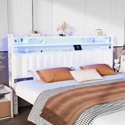 VINGLI King Size Adjustable Upholstered Headboard with 3-Tier Shelves/LED/Pegboard/Charging Station/White