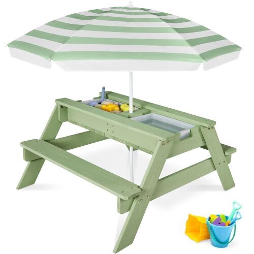 3-in-1 Kids Sand & Water Table Outdoor Wood Picnic Table w/ Umbrella