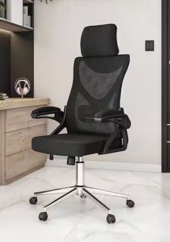 TECHNI MOBILI Mesh Lumbar Support and Adjustable Headrest Ergonomic Office Chair in Black with Flip-Up Arms