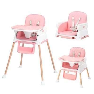 JOYMOR 5 in 1 Baby High Chair Portable Convertible Feeding Chair Booster for Eating with Detachable Double Tray 5 Point Harness Pink
