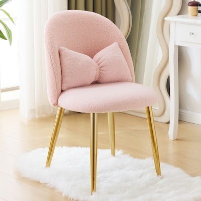 VINGLI 31-in H Teddy Fleece Cute Girls Vanity Chair with Back Pillow and Ajustable Gold Legs Light Pink