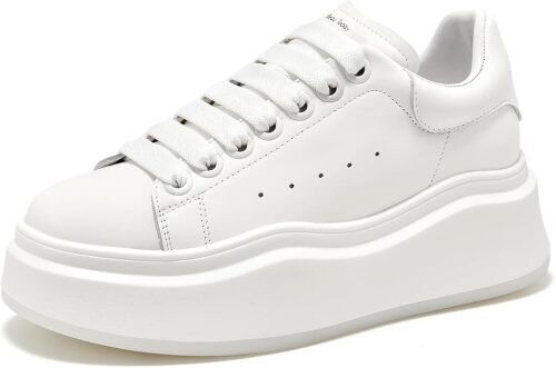 BEAU TODAY Platform White Sneakers for Women, Womens Leather Comfortable Breathable Tennis Shoes, Non-Slip Lace-up Round Wide Toe Casual Sneakers