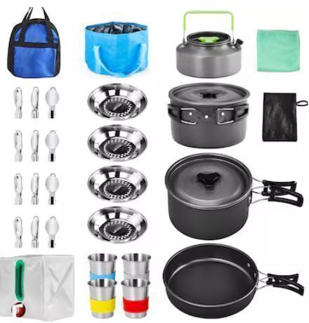 ROVSUN 34 pcs Camping Cookware Mess Kit/Lightweight Non-Stick Camping Cooking Pot and Pan Set with Stainless Steel Camping Gear Kettle Cup for Open Fire