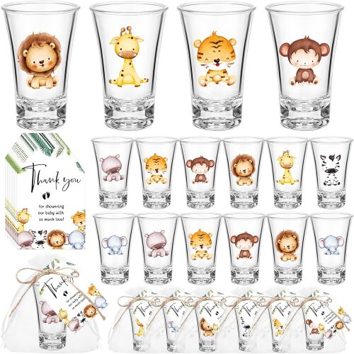 Pickmesh 25 Sets Safari Baby Shower Shot Glasses for Guests Include Animal Shot Glasses Thank You Cards Organza Bags for Jungle Woodland Gender Reveal Party Supplies