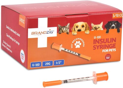Brandzig U-100 Pet Insulin Syringes 29G 3/10cc, 1/2" 100-Pack