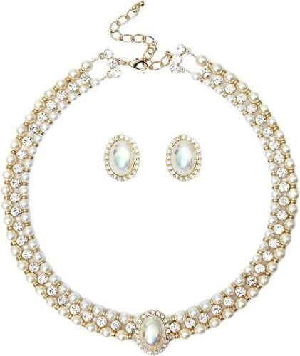 Costume Layered Twisted Gold Pearl Necklace Choker Chunky Glass Statement Pearl Necklace and Earring set, good gift for women Faux pearl necklace set