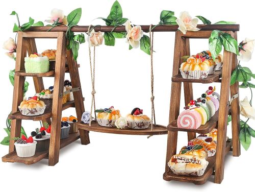 Wisreach Wooden 3 Tier Cupcake Stand with Swing and Flower Decoration Serving Removable Tray Display Serving Ladder Foldable Stand with Serving Platter Tray Party Food Display Set for Cake Snack Fruit Chips Bread Centerpieces Catering