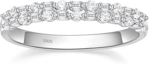 EAMTI Wedding Bands for Women Baguette Round Cubic Zirconia Two-Row Eternity Band Stackable Engagement Rings