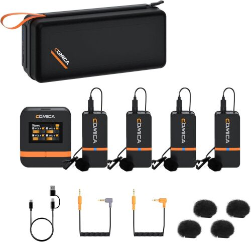 COMICA (4 Lav Mic) Vimo Q Wireless Lavalier Microphone with 4 Transmitters and 1 Receiver, Noise Cancellation, Wireless Microphone for Camera, iPhone, Android, PC Interviews, Live-Streaming